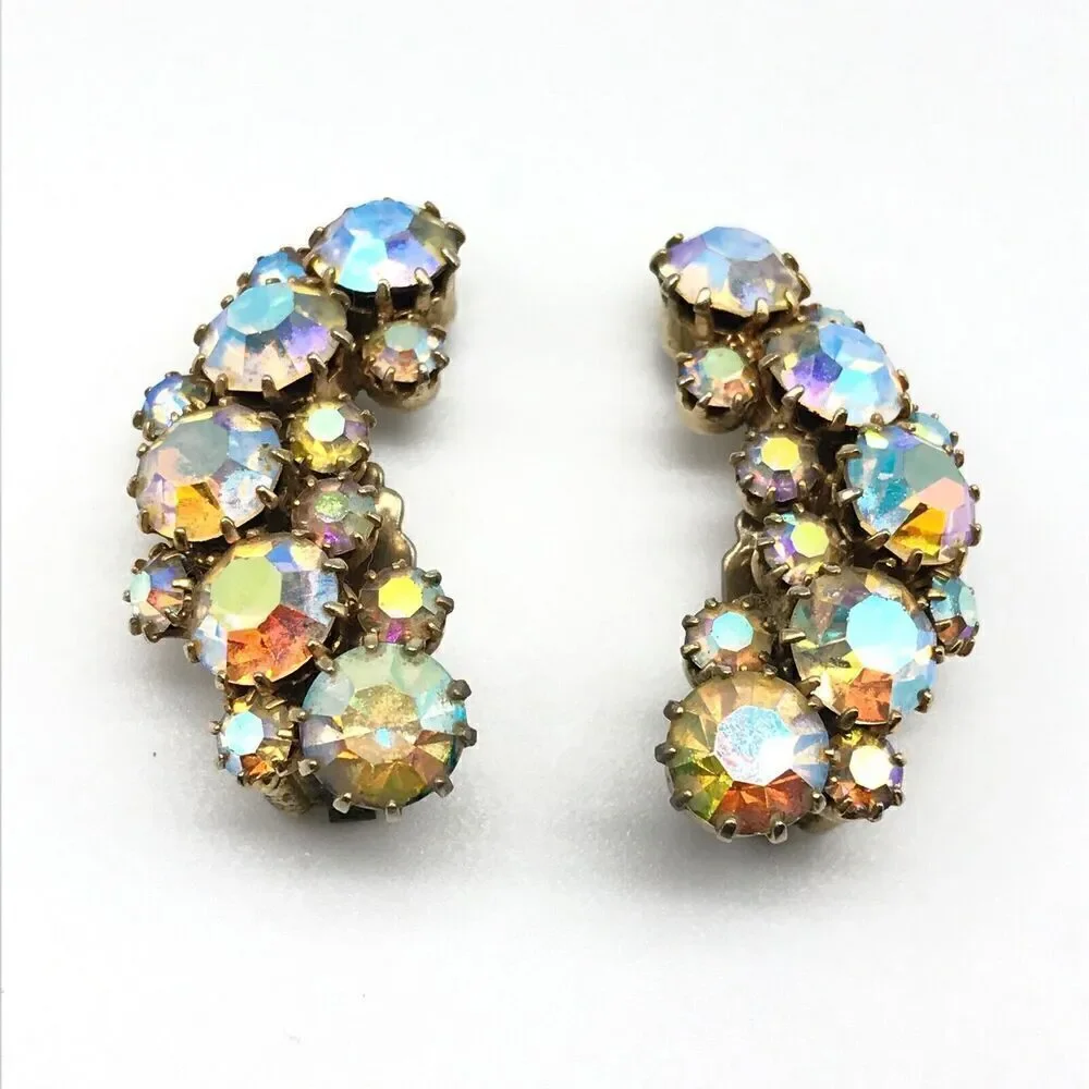 Karu Arke Inc Signed Vintage AB Rhinestone Brooch Pin Clip On Earrings Set